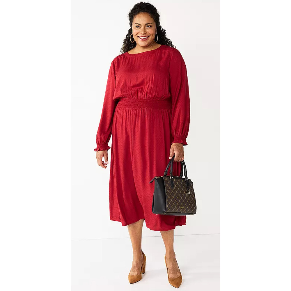 NWT Croft & Barrow Red Smocked-Waist Long Sleeves Maxi Dress Womans Plus Size 3X